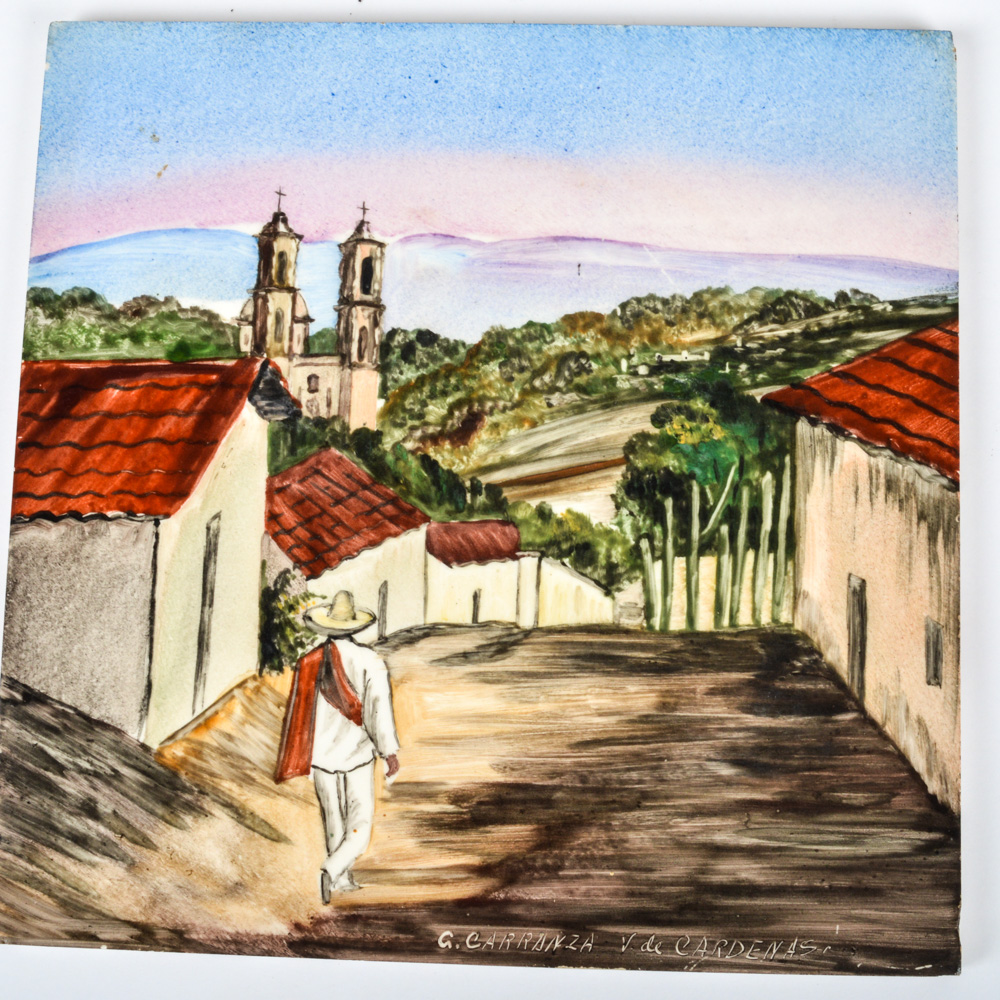 Set of Six Signed Hand Painted Ceramic Mexican Art Tiles