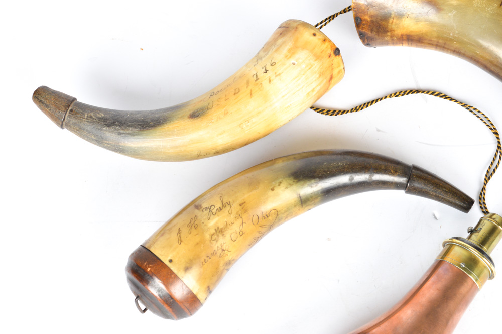 Vintage Sykes Powder Flask and Antique Powder Horns