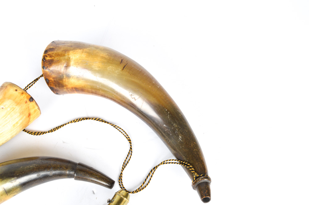 Vintage Sykes Powder Flask and Antique Powder Horns