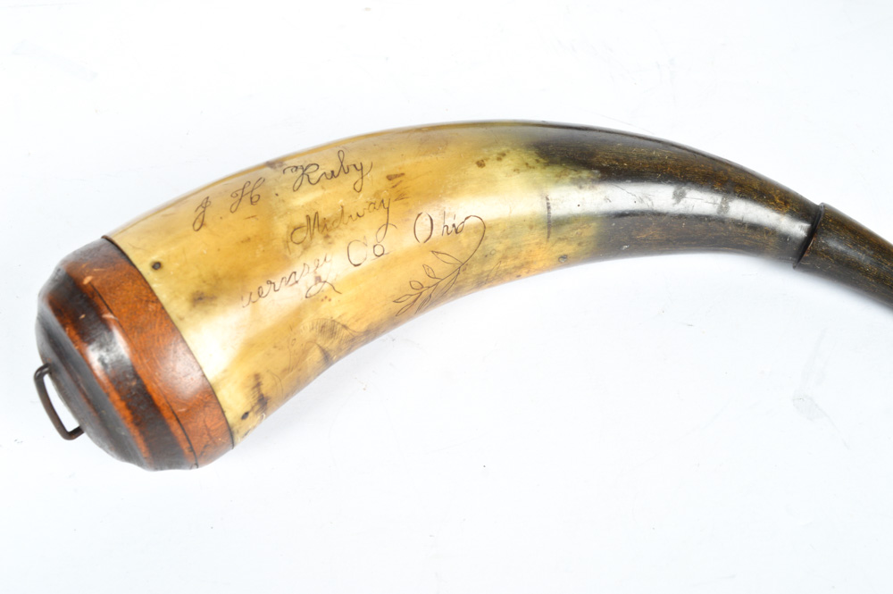 Vintage Sykes Powder Flask and Antique Powder Horns