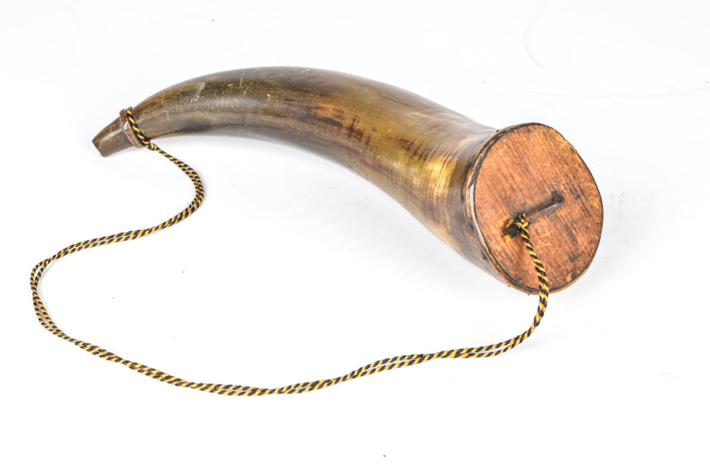 Vintage Sykes Powder Flask and Antique Powder Horns