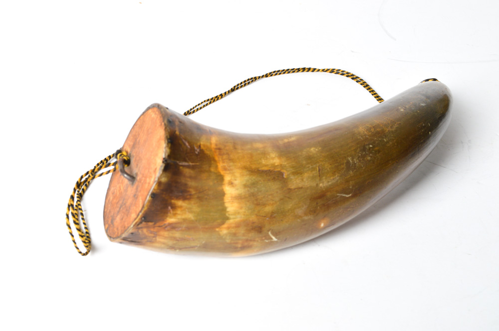 Vintage Sykes Powder Flask and Antique Powder Horns