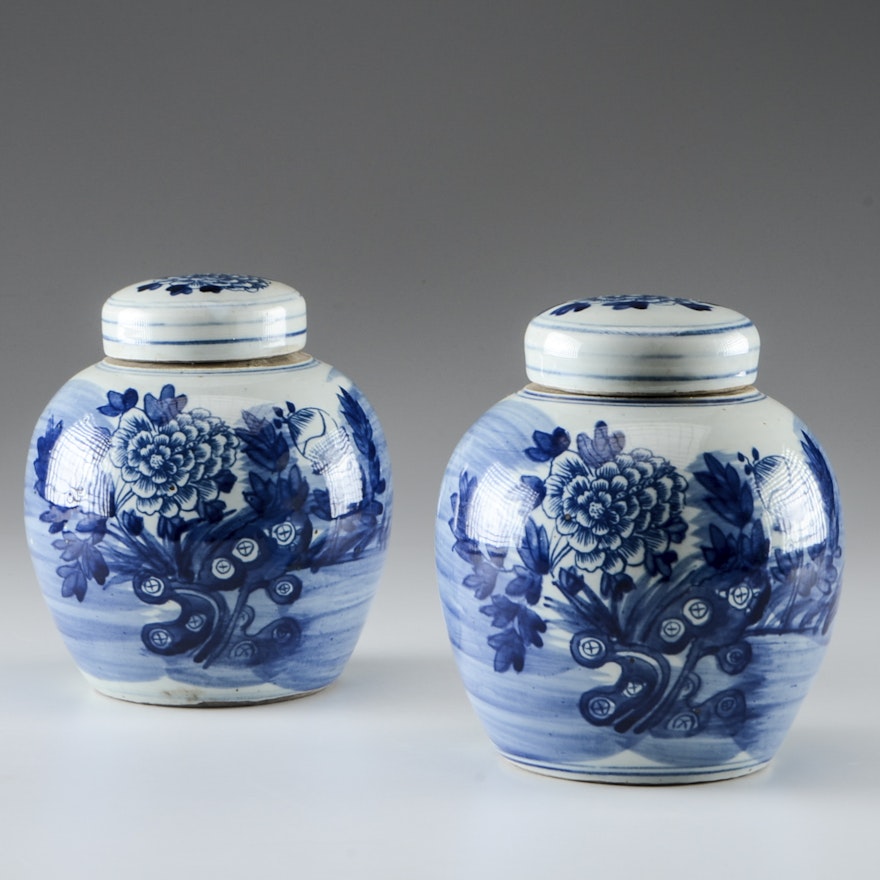 Pair of Hand Painted Chinese Blue Peony Ginger Jars