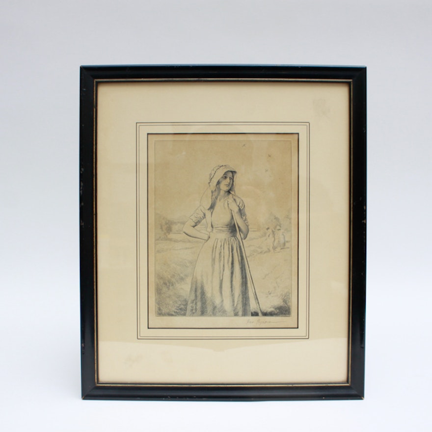 Fred Pegram Signed Engraving of a Woman in a Field