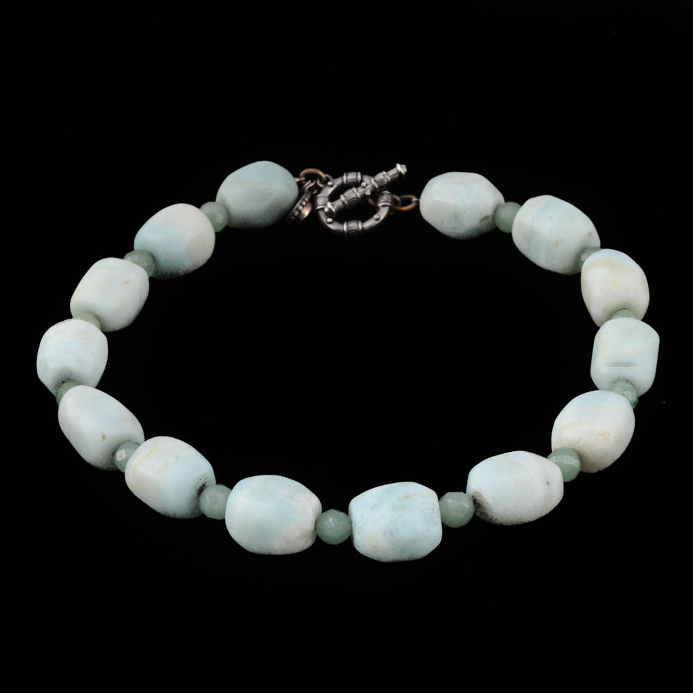 Tumbled Aquamarine and Aventurine Beaded Necklace with Sterling and Garnet Dangling Charm