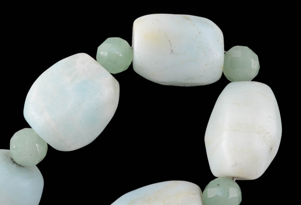 Tumbled Aquamarine and Aventurine Beaded Necklace with Sterling and Garnet Dangling Charm