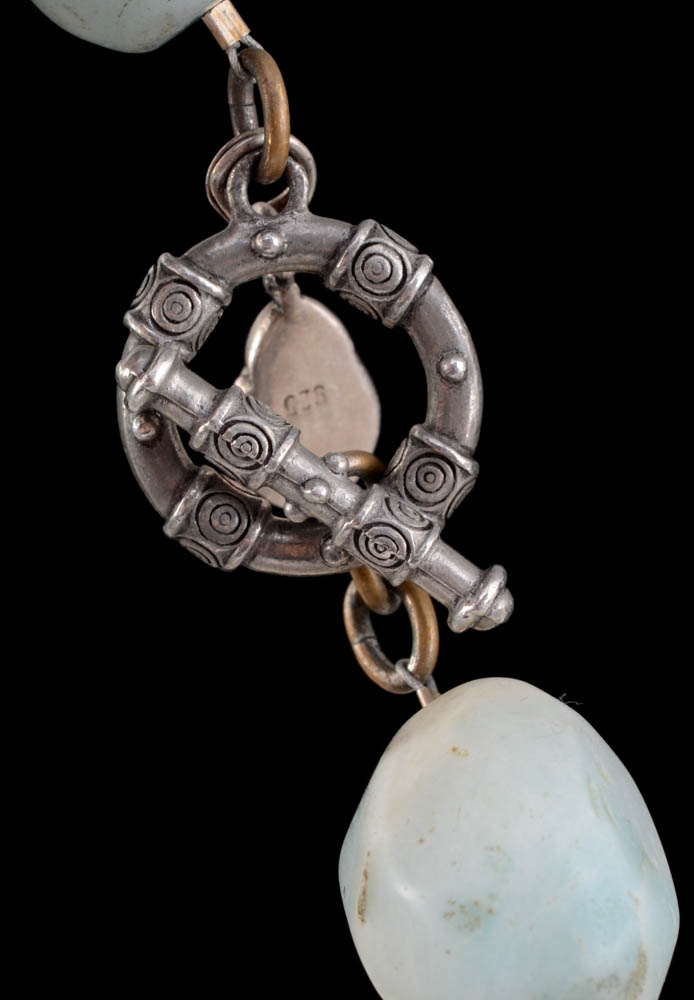 Tumbled Aquamarine and Aventurine Beaded Necklace with Sterling and Garnet Dangling Charm