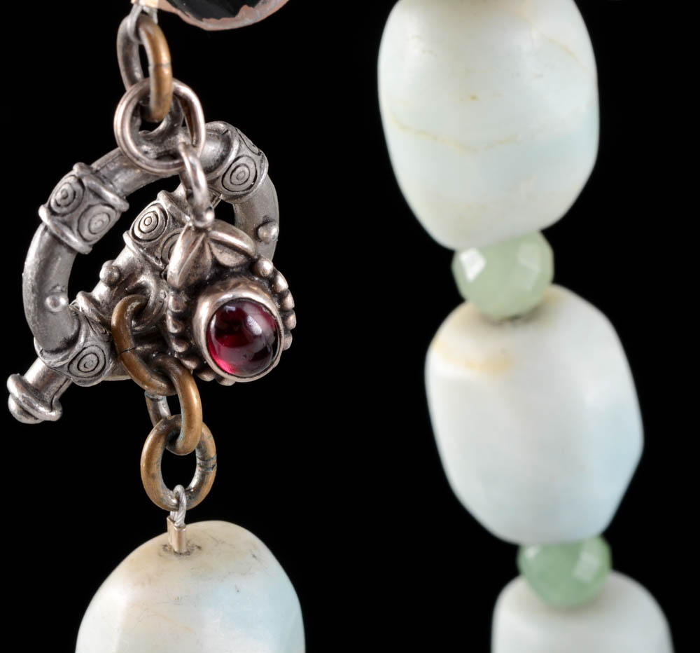 Tumbled Aquamarine and Aventurine Beaded Necklace with Sterling and Garnet Dangling Charm