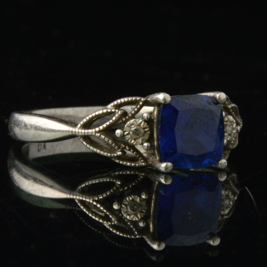 Sterling, Diamond and Synthetic Sapphire Ring