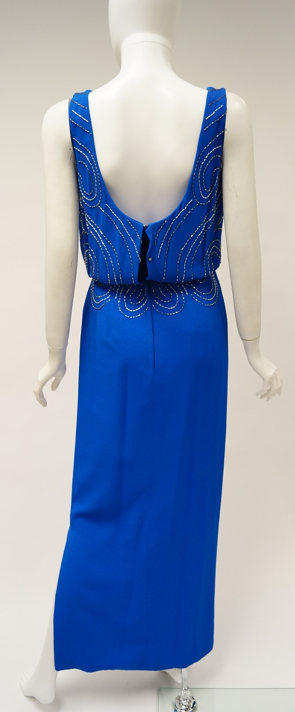 Vintage Sleeveless Gown with Silver Beaded Design