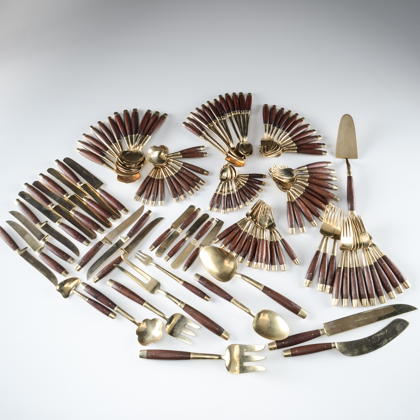 Vintage Walnut Wood Handled Brass Flatware