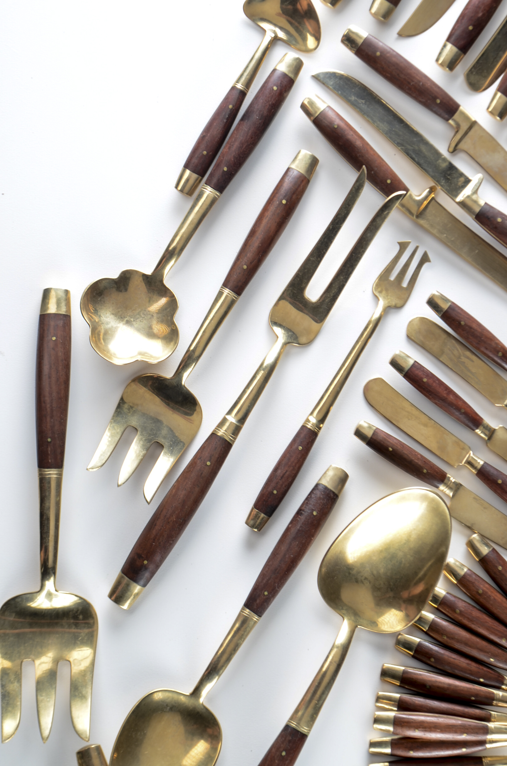 Vintage Walnut Wood Handled Brass Flatware