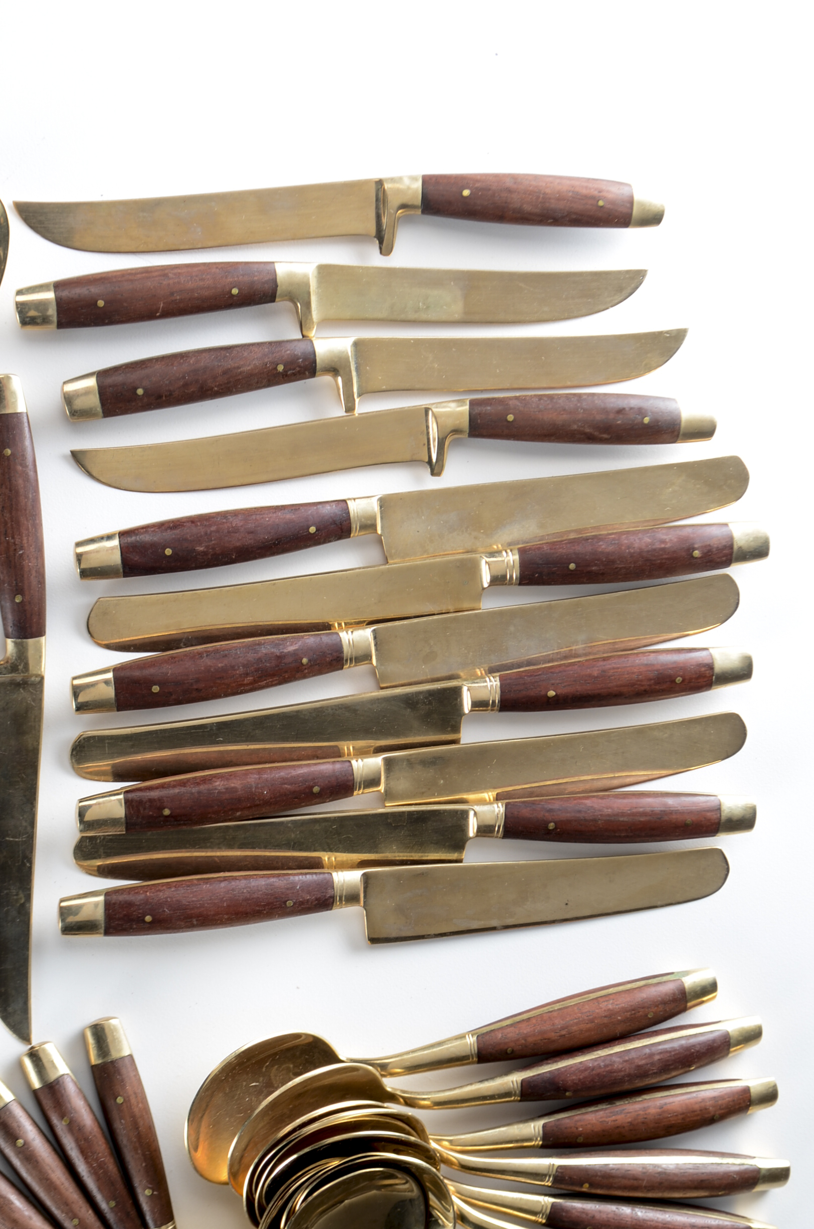 Vintage Walnut Wood Handled Brass Flatware