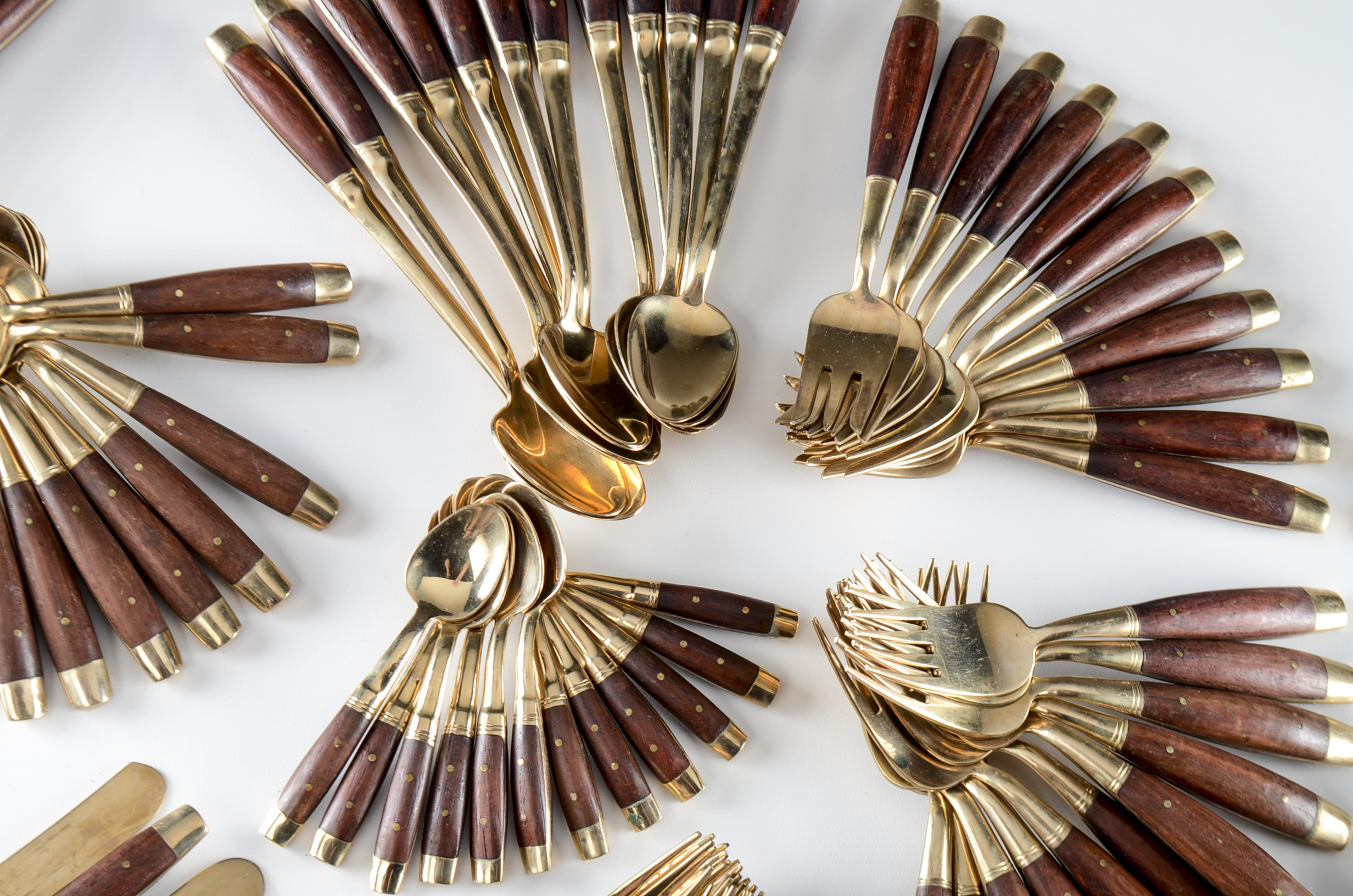 Vintage Walnut Wood Handled Brass Flatware