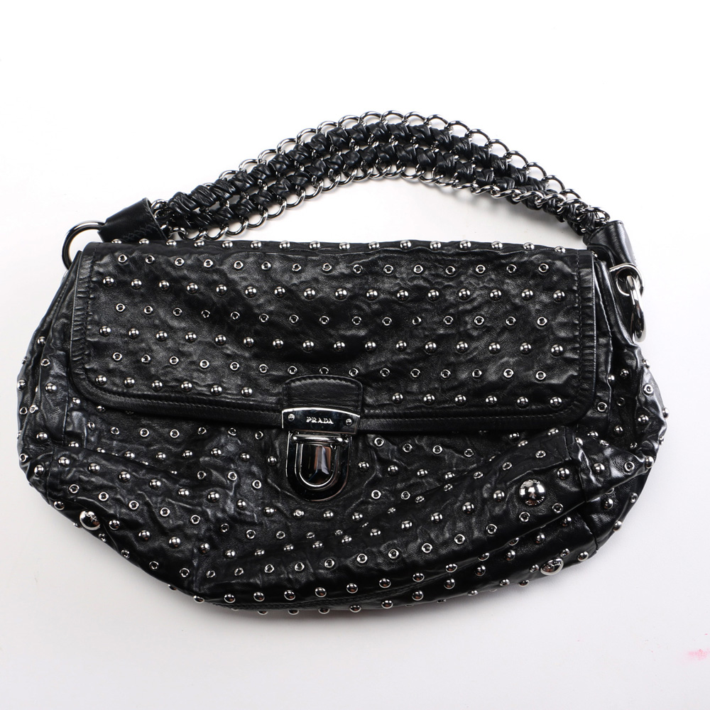 **UNSELLABLE**Prada Silver Tone Studded Black Leather Handbag