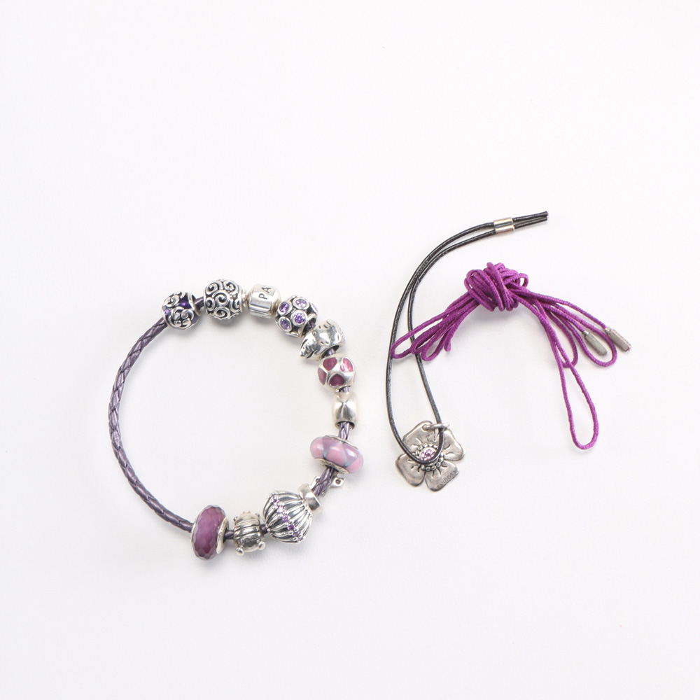 Sterling Pandora Bracelet in Purple Tones and Cell Phone Fob