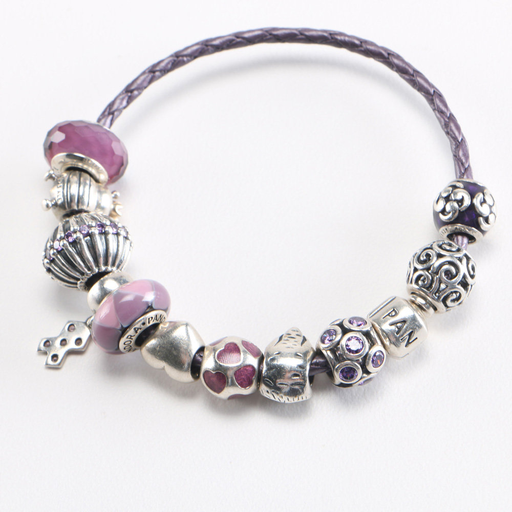 Sterling Pandora Bracelet in Purple Tones and Cell Phone Fob