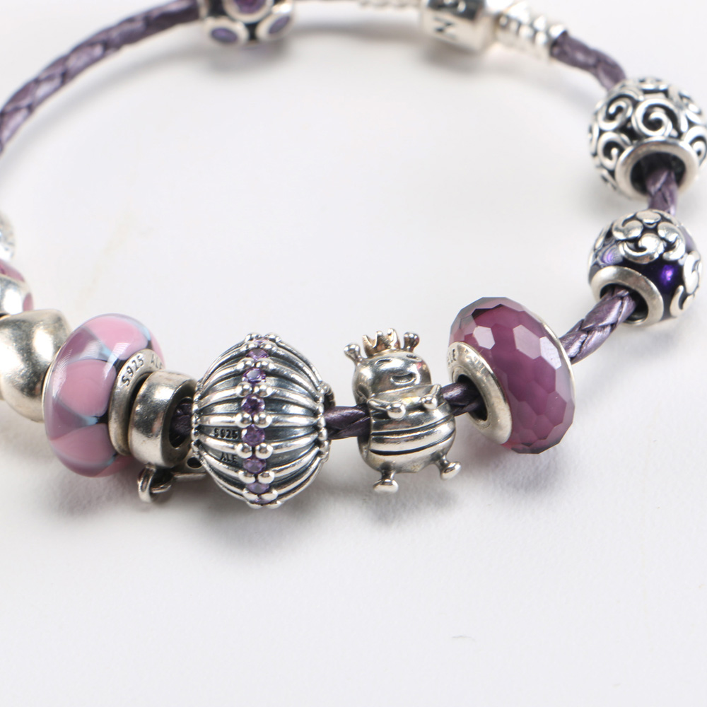 Sterling Pandora Bracelet in Purple Tones and Cell Phone Fob