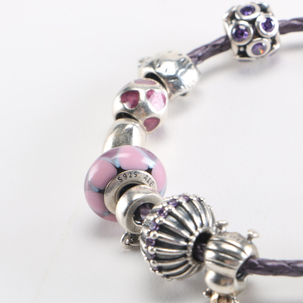 Sterling Pandora Bracelet in Purple Tones and Cell Phone Fob