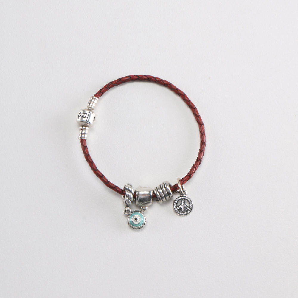 Sterling Silver Leather Pandora Budai Nazar Boncuk Peace Charm Bracelet