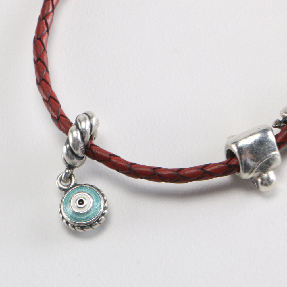 Sterling Silver Leather Pandora Budai Nazar Boncuk Peace Charm Bracelet