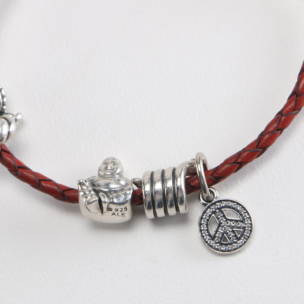 Sterling Silver Leather Pandora Budai Nazar Boncuk Peace Charm Bracelet