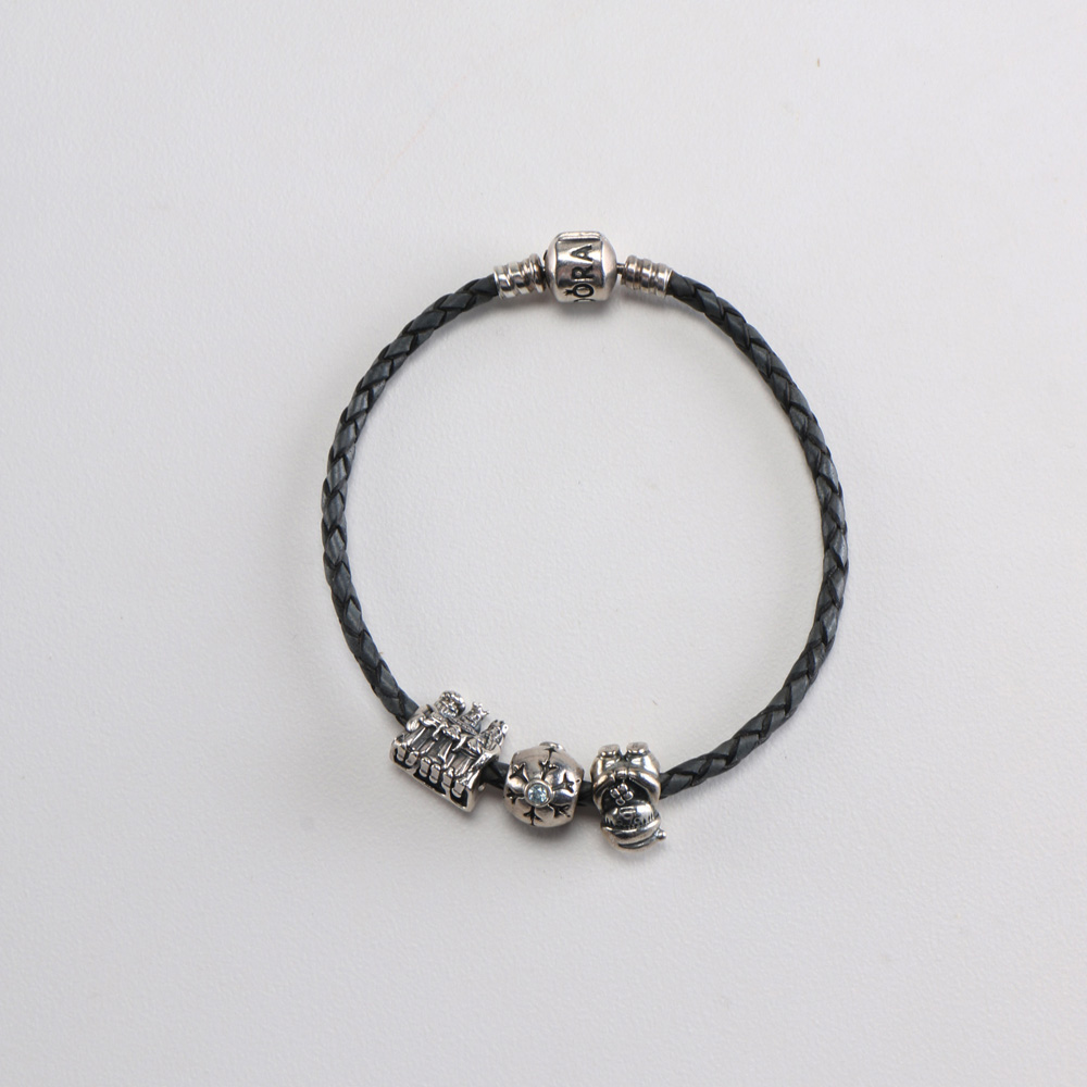 Sterling Silver Braided Leather Pandora Christmas Charm Bracelet