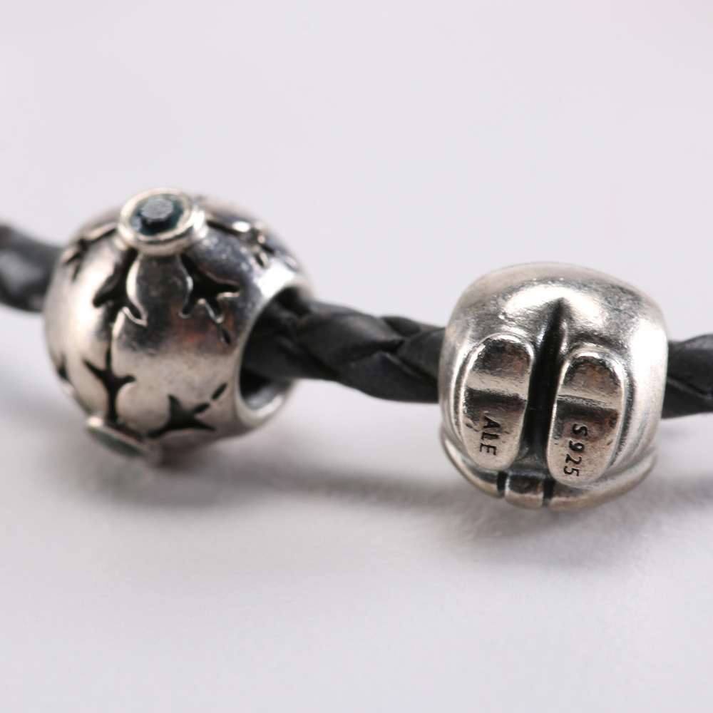 Sterling Silver Braided Leather Pandora Christmas Charm Bracelet