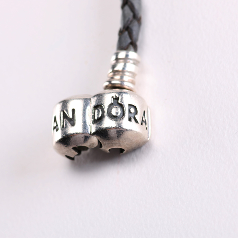 Sterling Silver Braided Leather Pandora Christmas Charm Bracelet