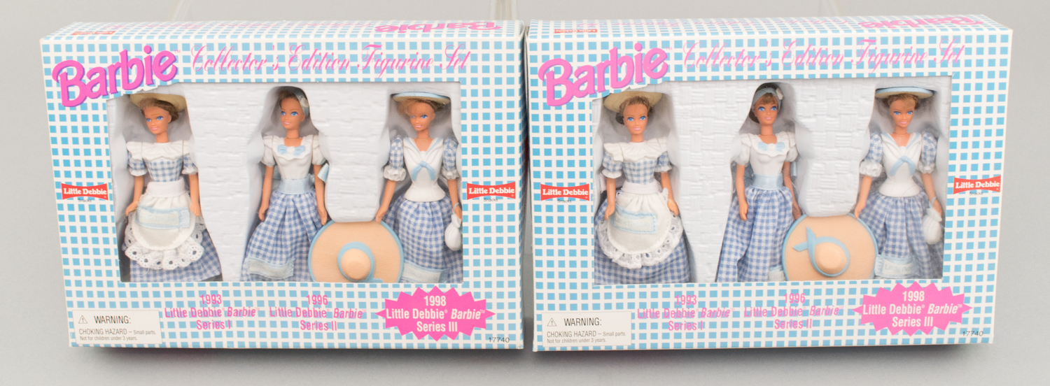 Collectible Barbie Dolls in Boxes including a 1999 Krissy Baby Layette and Little Debbie Dolls