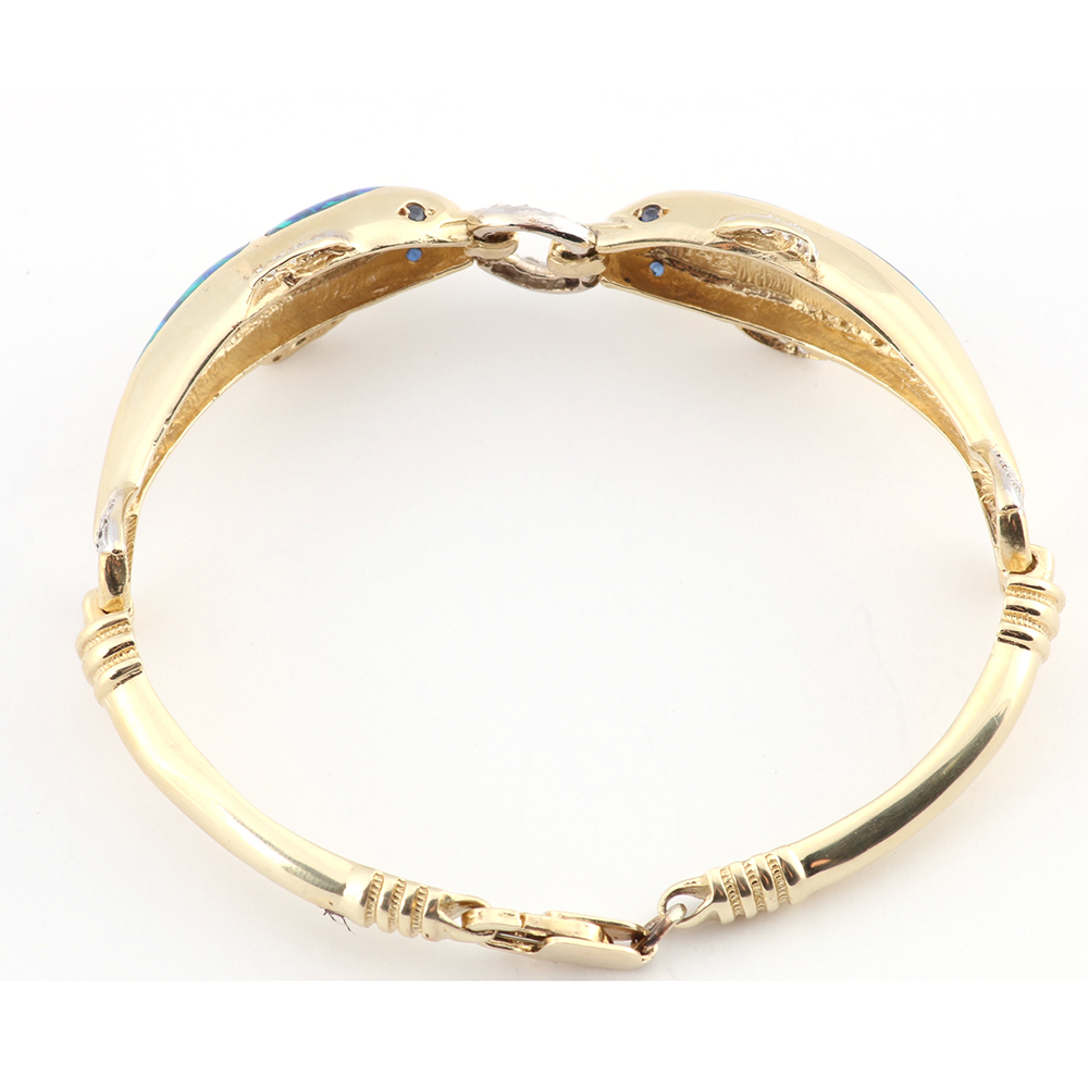14K Yellow Gold Diamond Sapphire Opal Dolphin Bracelet