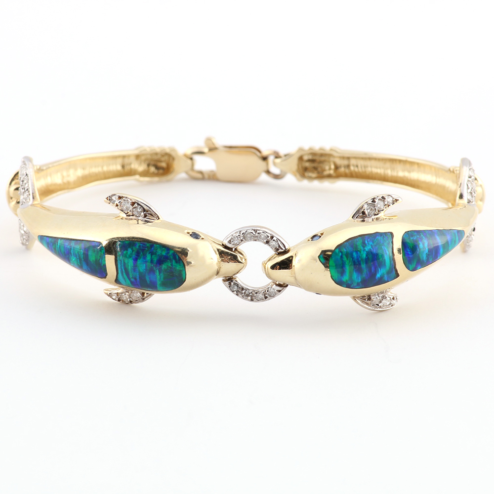 14K Yellow Gold Diamond Sapphire Opal Dolphin Bracelet