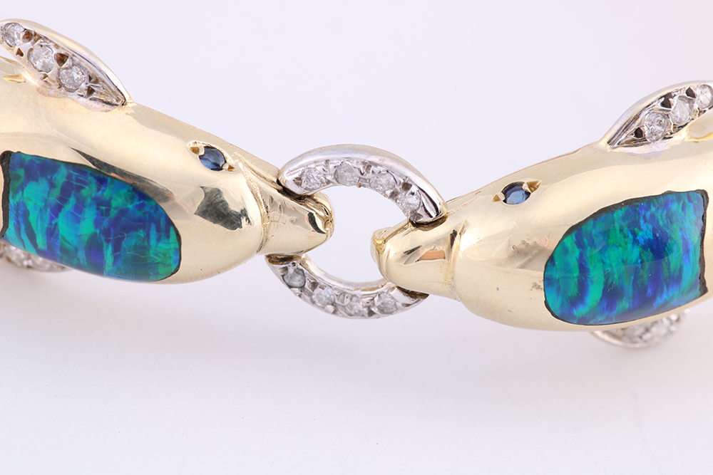 14K Yellow Gold Diamond Sapphire Opal Dolphin Bracelet