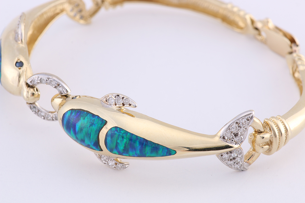 14K Yellow Gold Diamond Sapphire Opal Dolphin Bracelet