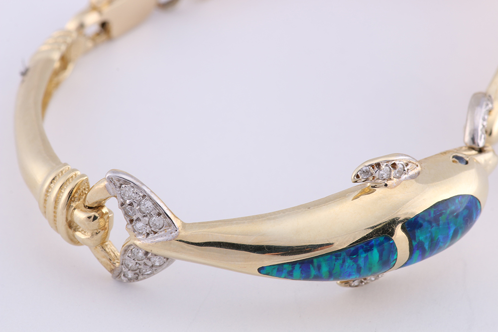 14K Yellow Gold Diamond Sapphire Opal Dolphin Bracelet