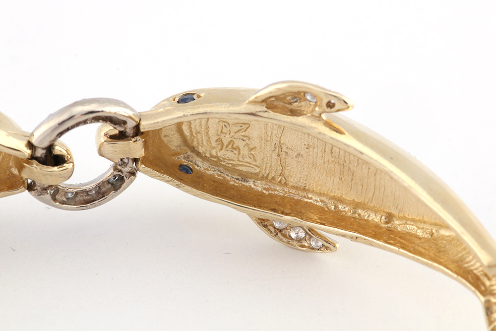 14K Yellow Gold Diamond Sapphire Opal Dolphin Bracelet
