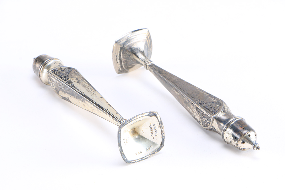 Antique Pewter Astor Poole Salt and Pepper Shakers in the "Cortez" Pattern