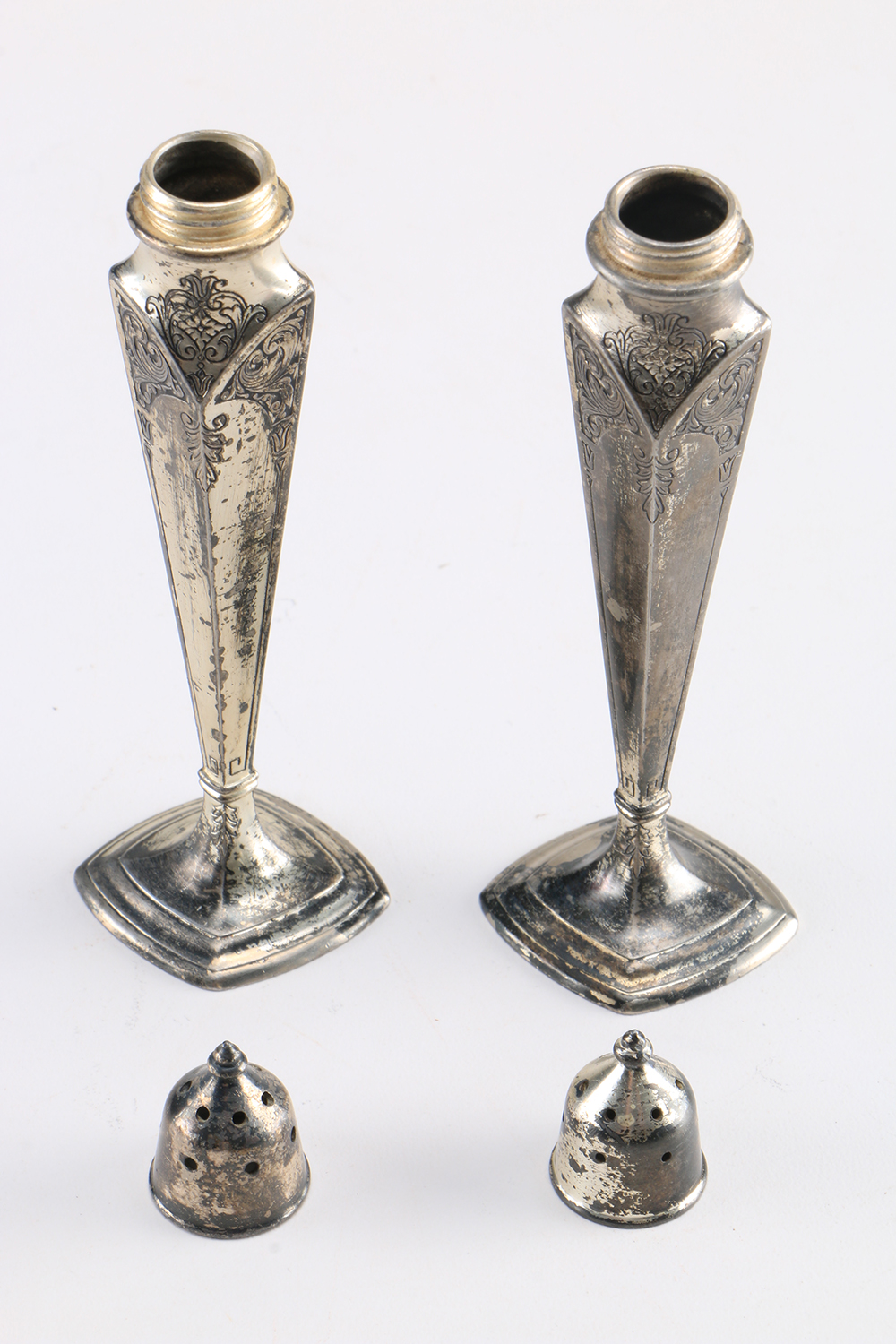 Antique Pewter Astor Poole Salt and Pepper Shakers in the "Cortez" Pattern