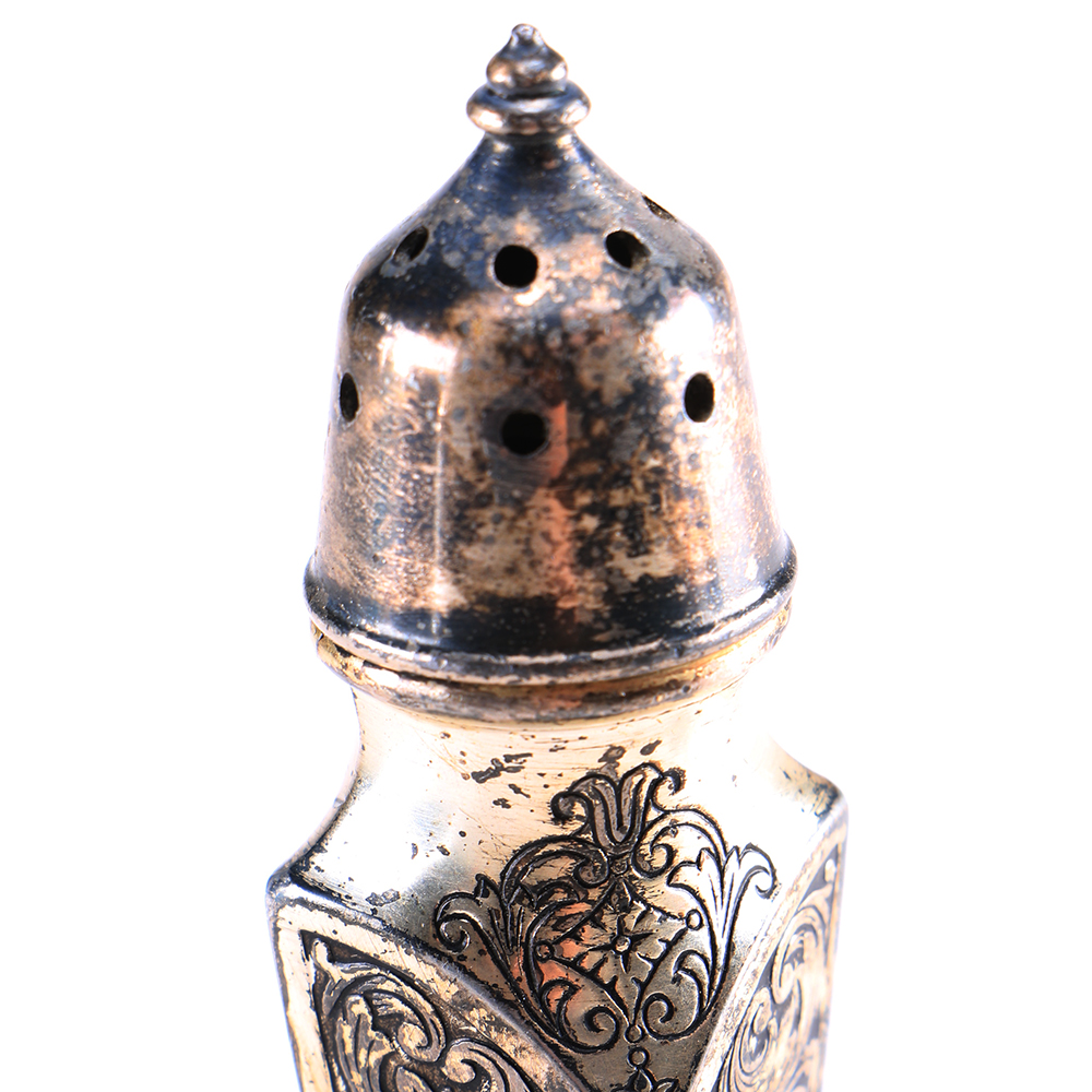 Antique Pewter Astor Poole Salt and Pepper Shakers in the "Cortez" Pattern