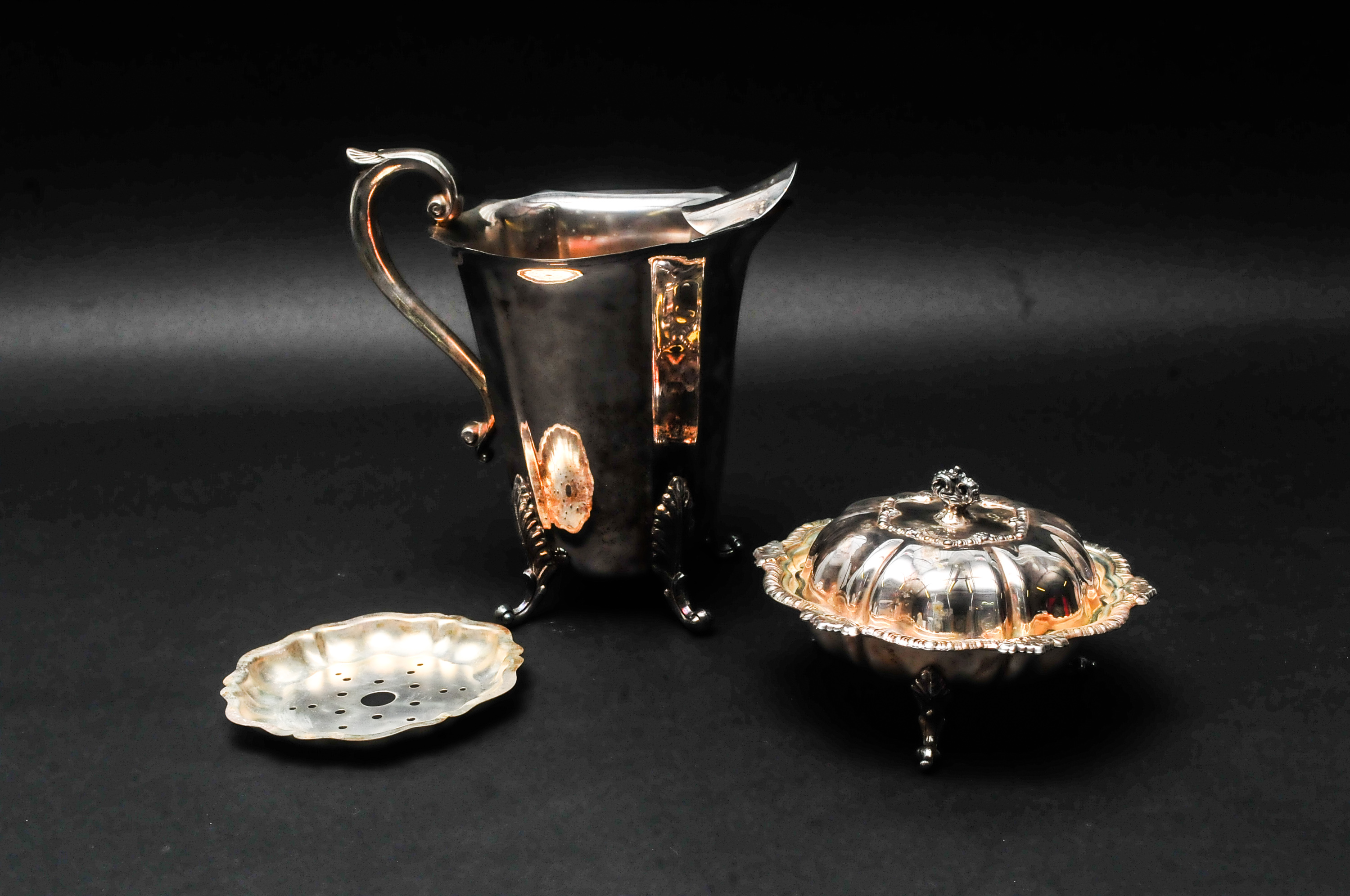 Vintage Silver Plate Lidded Dish and Ornate Pitcher