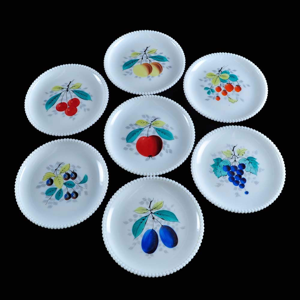 Set of Painted Milk Glass Plates