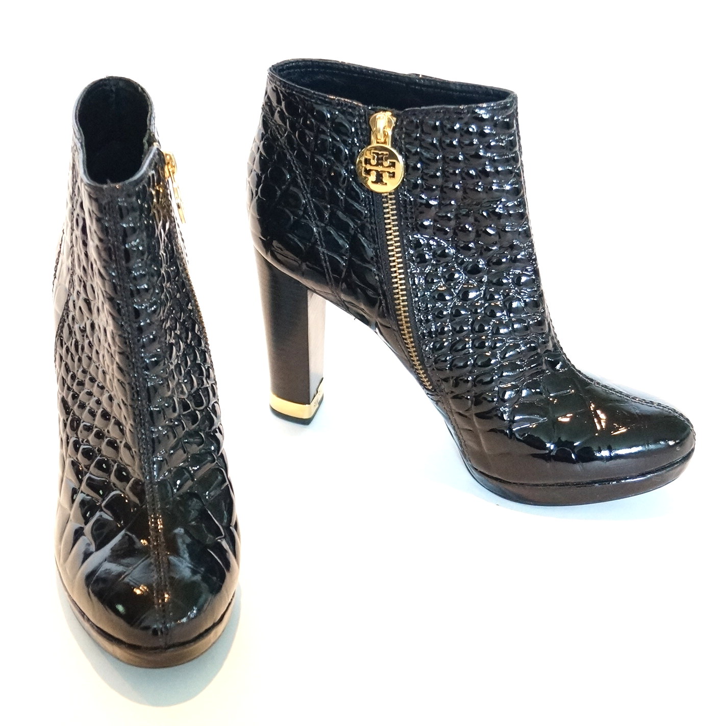 Black Leather Tori Burch Heeled Ankle Boots