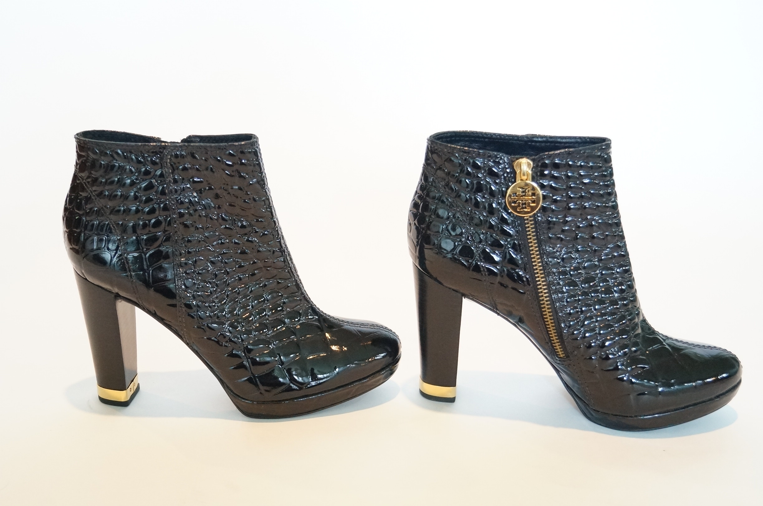 Black Leather Tori Burch Heeled Ankle Boots