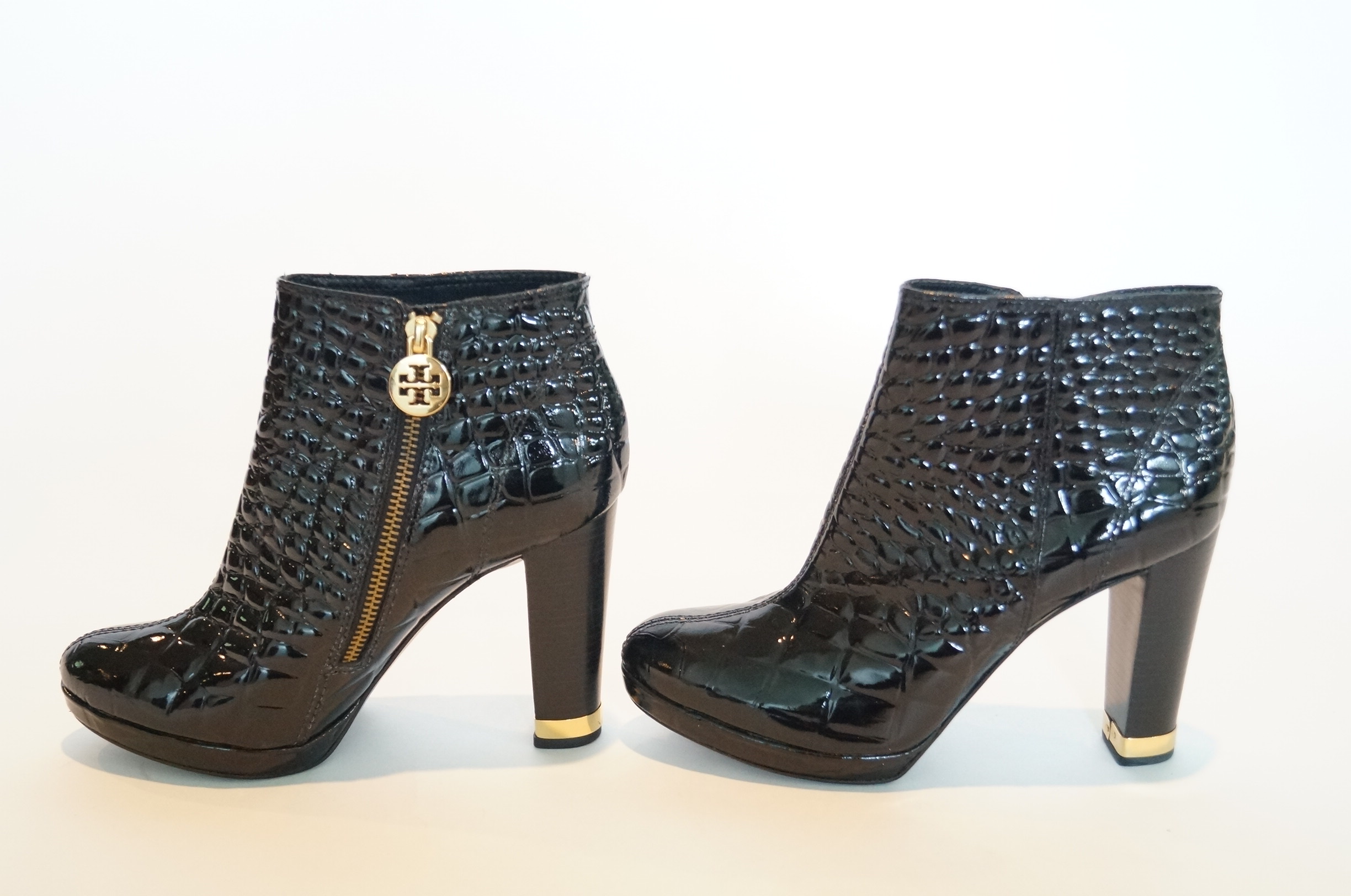 Black Leather Tori Burch Heeled Ankle Boots