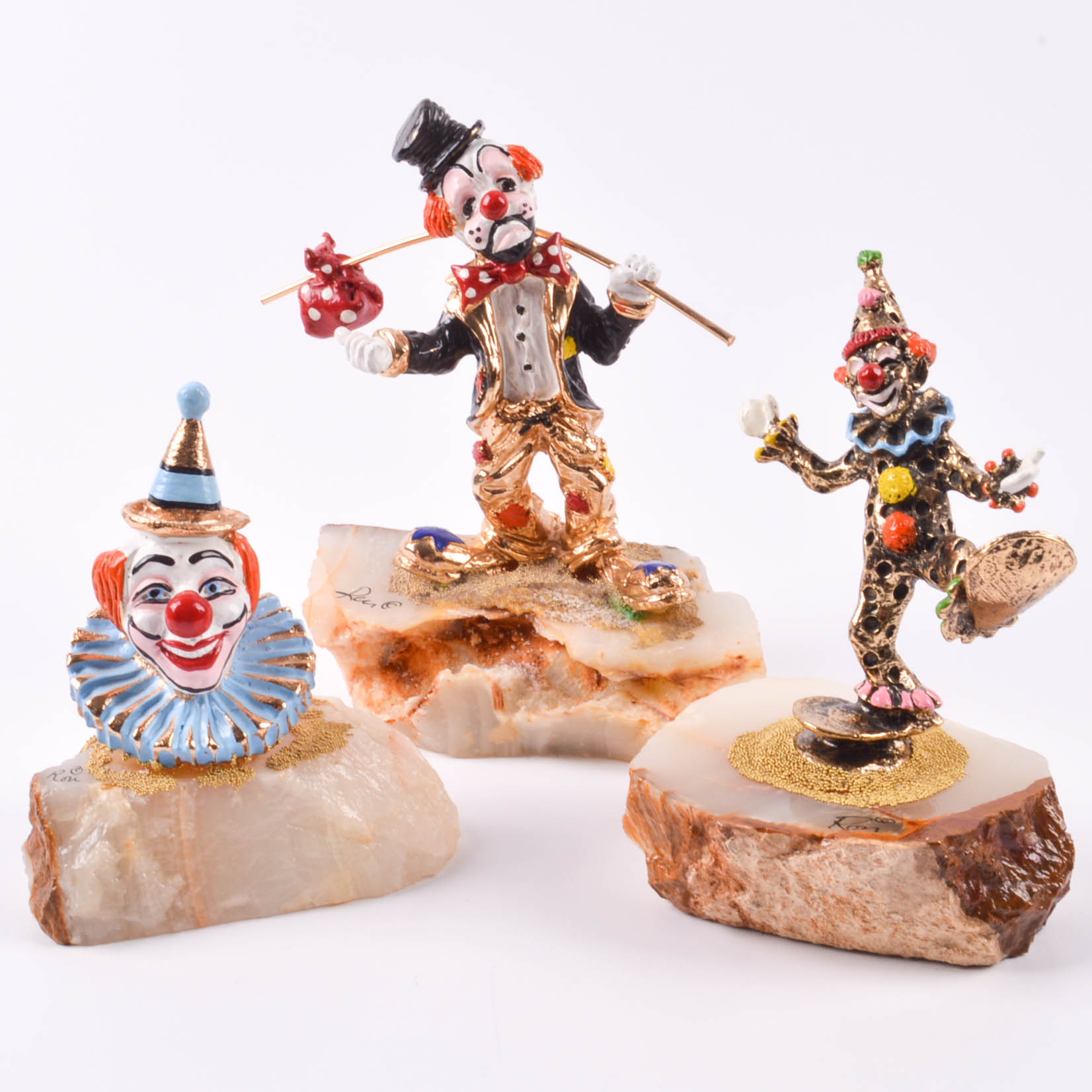 Three Ron Lee Collectible Clowns on Onyx with 24K Details