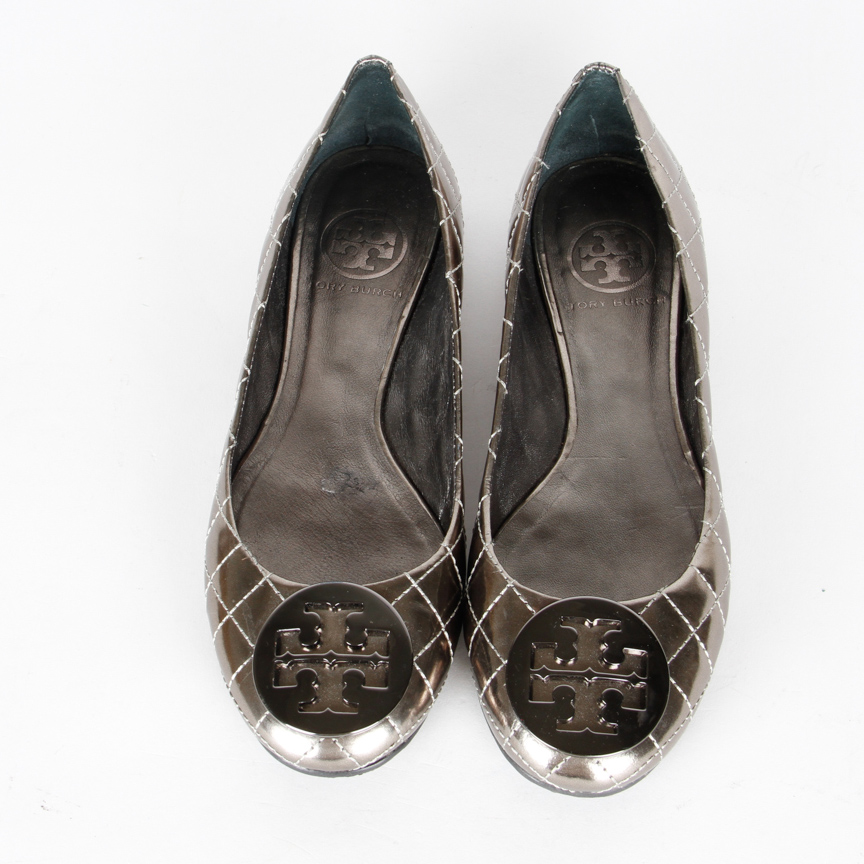 Metallic Pewter Leather Tory Burch Ballet Flats