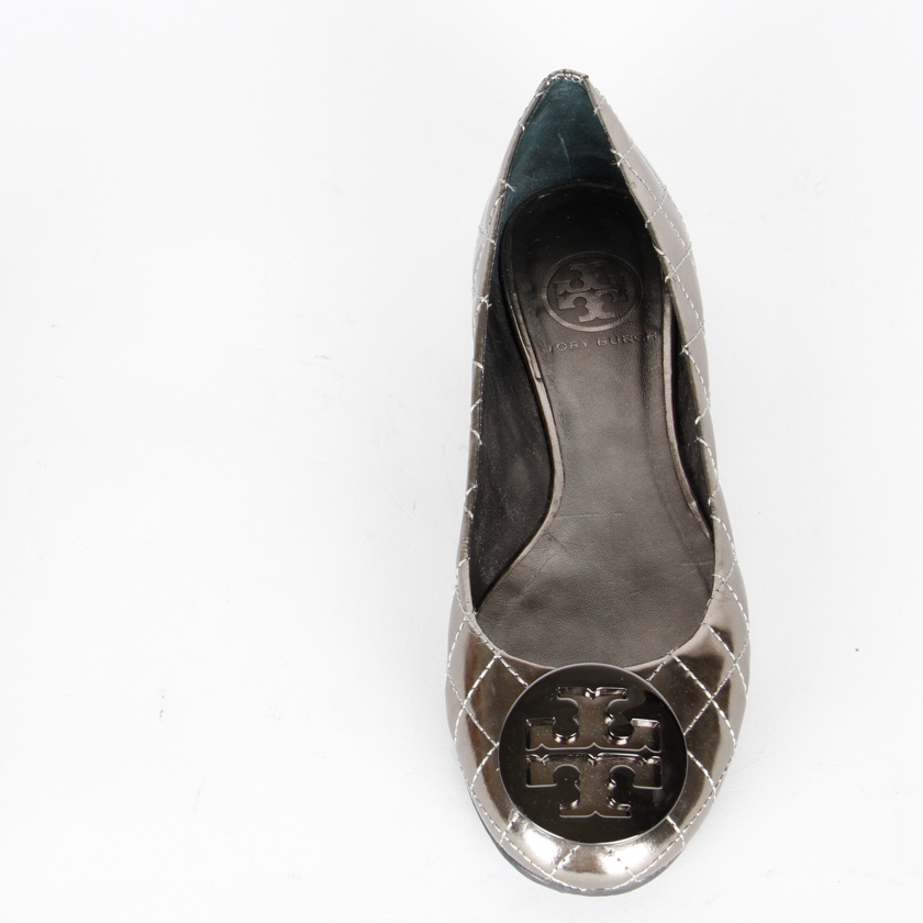 Metallic Pewter Leather Tory Burch Ballet Flats