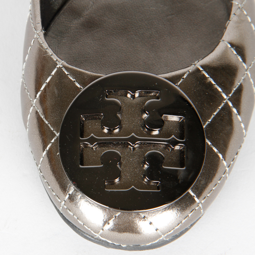Metallic Pewter Leather Tory Burch Ballet Flats