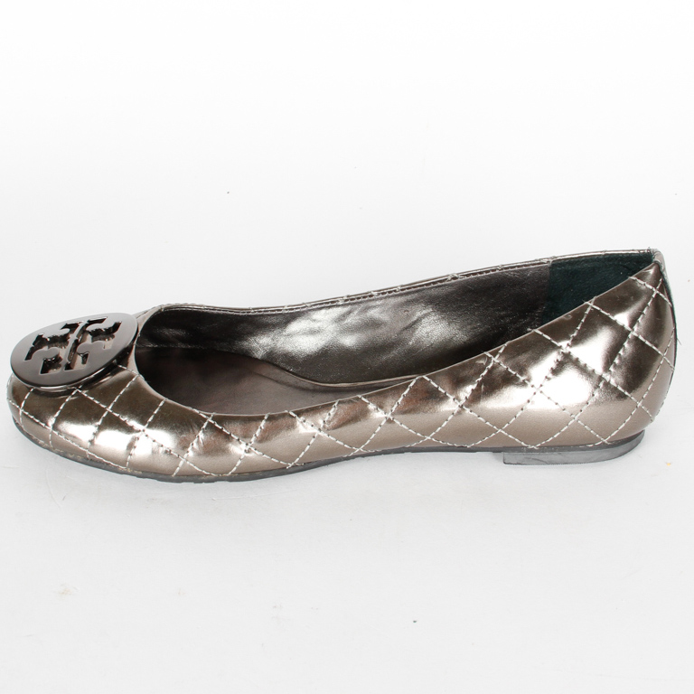 Metallic Pewter Leather Tory Burch Ballet Flats