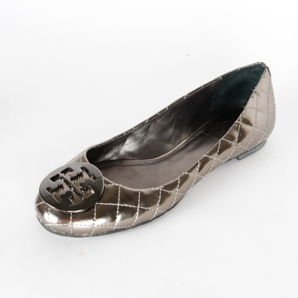 Metallic Pewter Leather Tory Burch Ballet Flats